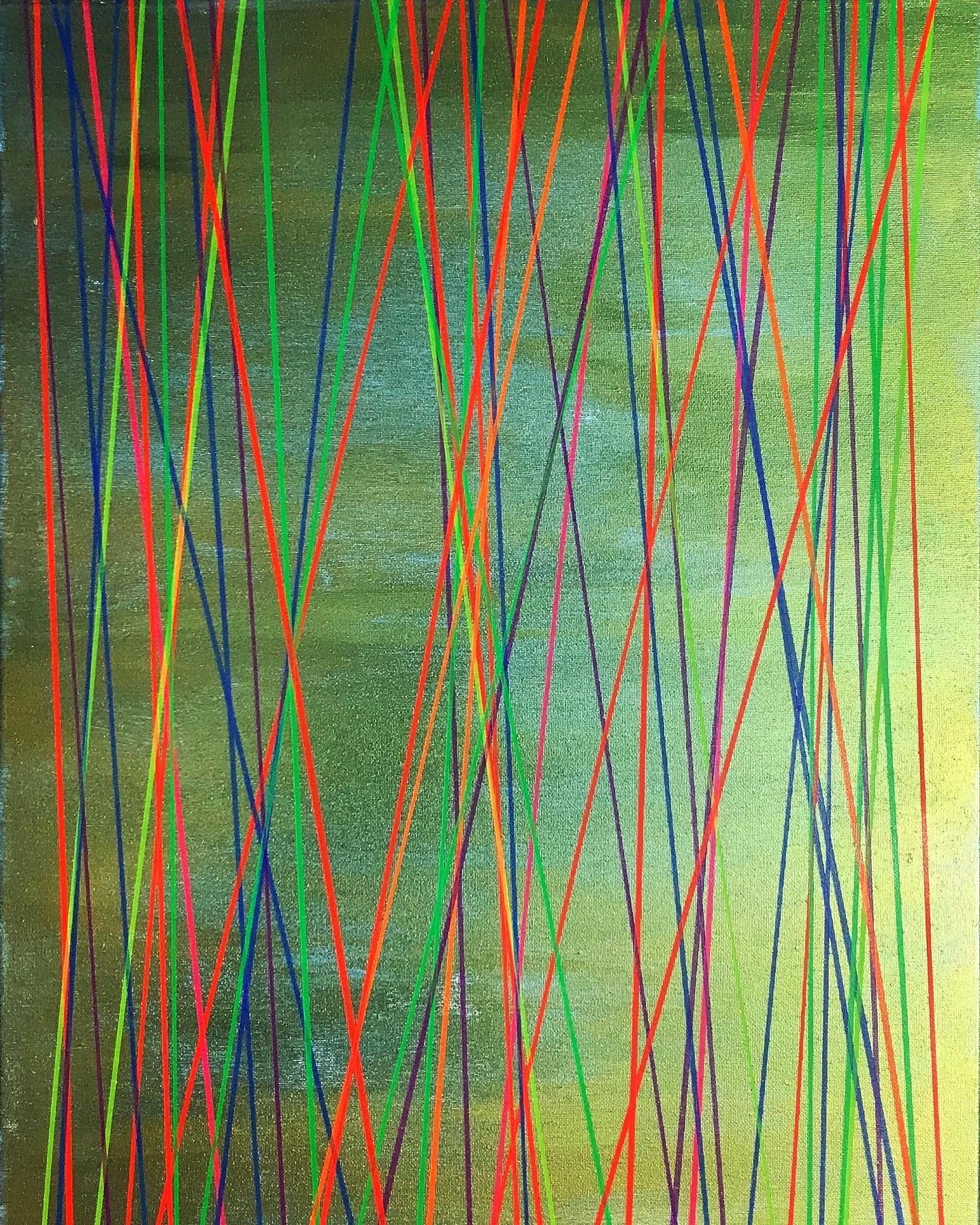 Metallic and fluorescent acrylics painting with green background and vertical lines, under standard light